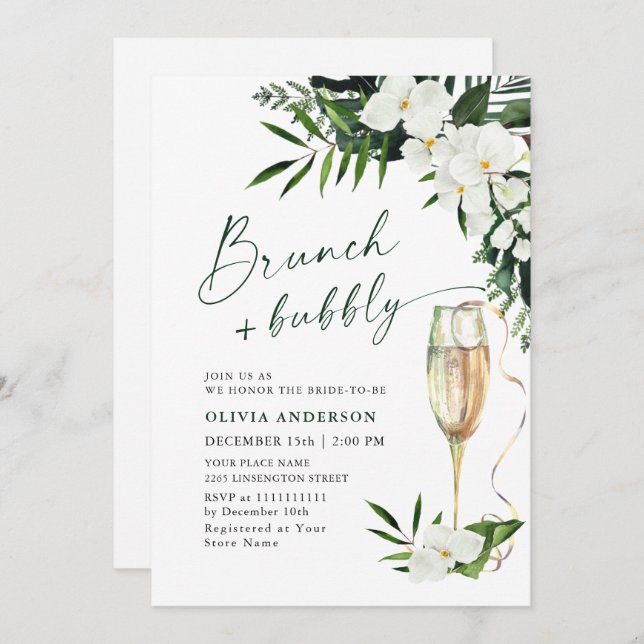 Convite Elegante White Orchids Bohemian BRUNCH & BUBBLY (Frente/Verso)