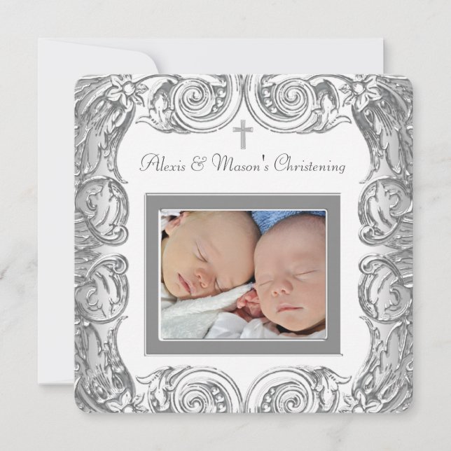Convite Elegante White Photo Christening (Frente)
