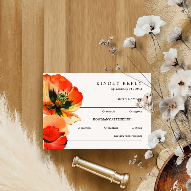 Convite Elegante White Red Poppy gentilmente Responda (Criador carregado)