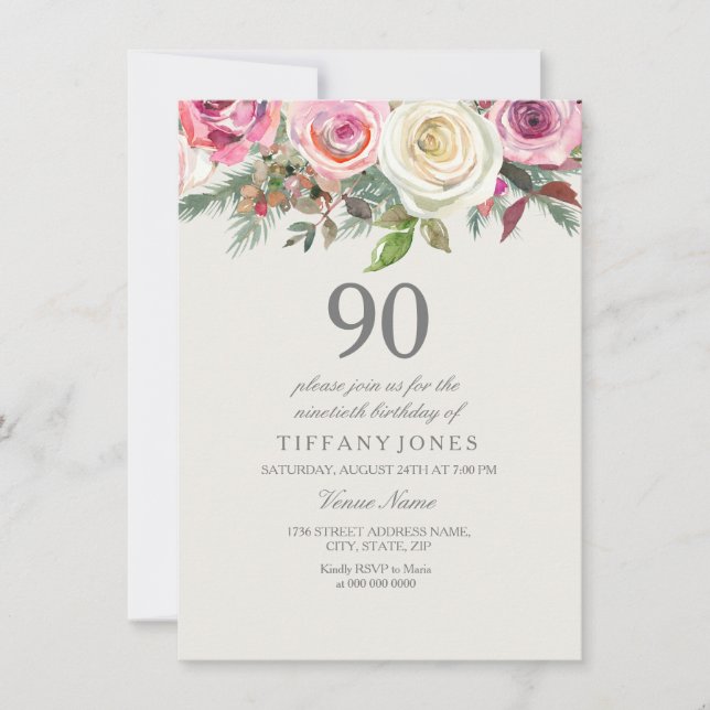Convite Elegante White Rose Floral 90 Birthday Invite (Frente)