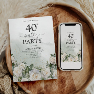 Convite Elegante White Roses & Greenery aniversário de 40