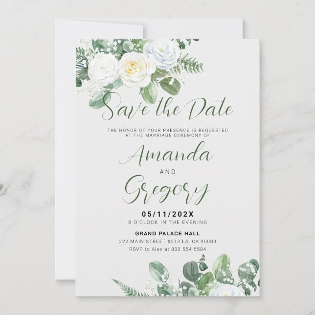 Convite Elegante White Roses & Greenery - Salvar a Data (Frente)