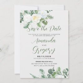 Convite Elegante White Roses & Greenery - Salvar a Data