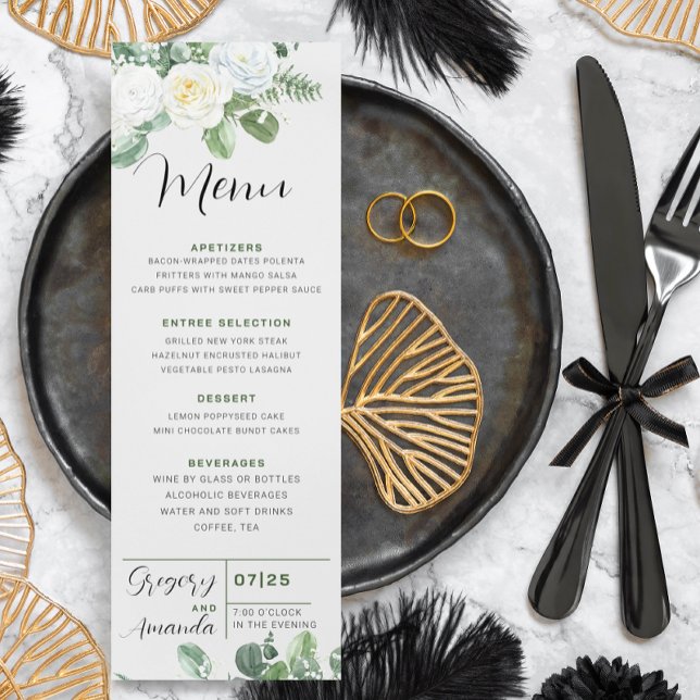 Convite Elegante White Roses & Greenery Weding Menu (Criador carregado)