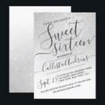 Convite Elegante White Sparkly Glitter Ombre Sweet 16<br><div class="desc">Este convite de aniversário elegante, giro, e gentil e sexy é perfeito para a adolescente da moda e na moda. Ele retrata um brilho brilhante branco e prateado falsamente impresso e cintilante e gradiente ombre colorido com uma configuração personalizada de tipografia cursiva de script. É um toque glamouroso, feminino, simples...</div>