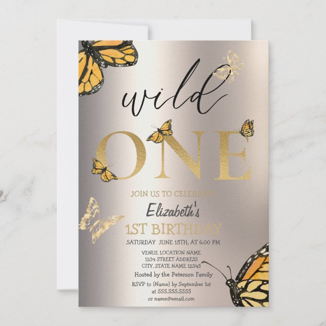 Convite Elegante Wild One Dourada Butterflies Aniversário (Frente)