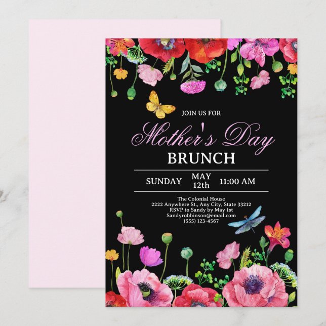 Convite Elegante Wildflower Black Chic Dia de as mães Brun (Frente/Verso)