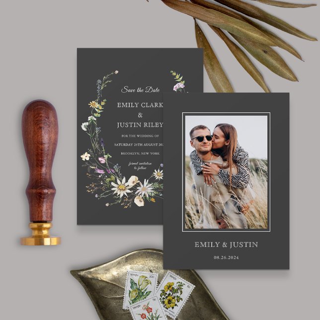 Convite Elegante Wildflower Black Photo Save the Date (Ima (Criador carregado)