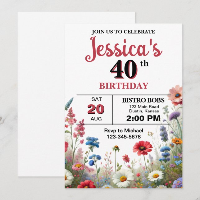 Convite Elegante Wildflower Qualquer Festa de aniversário  (Frente/Verso)