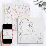 Convite Elegante Wildflower Watercolor aniversário de 40 a<br><div class="desc">Convite quadrado moderno, elegante (editável pela idade), com motins de flor silvestre a aquarela em tons suaves de rosa-pincel, lilás e lavanda, amarelos, azuis e delicadas folhas botânicas verdes. Personalize seus detalhes em preto suave, acentuado com uma bela caligrafia feita à mão moderna. Entre em contato com o designer para...</div>