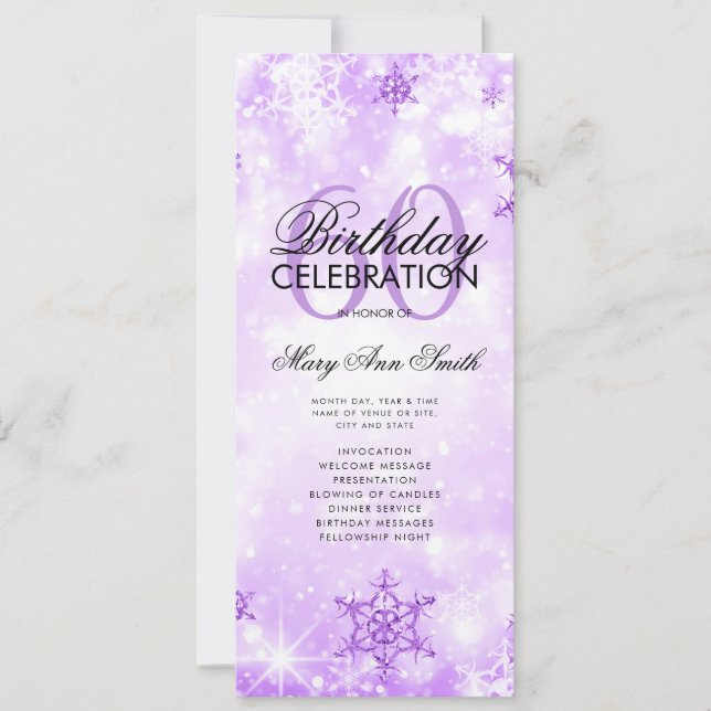 Convite Elegante Winter 60th Birthday Program Purple Menu (Frente)