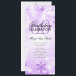 Convite Elegante Winter 60th Birthday Program Purple Menu<br><div class="desc">Design de "Programa de Festa de aniversário" elegante com flocos de neve brilhantes de inverno e luzes em roxo com texto personalizado.</div>