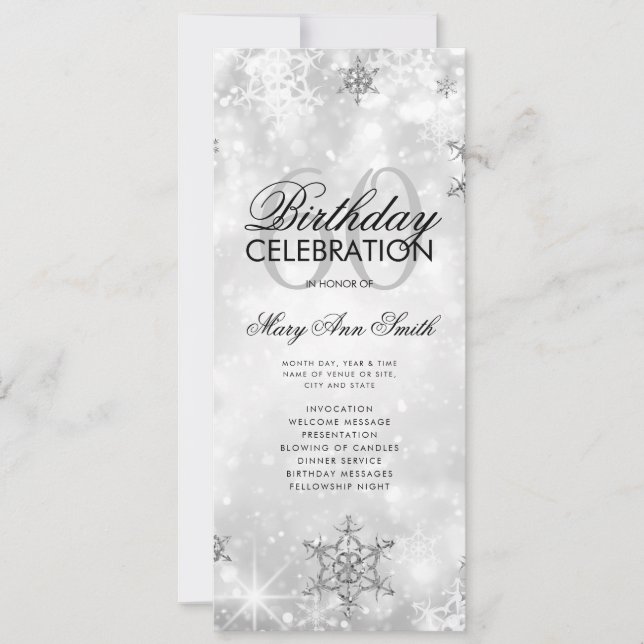 Convite Elegante Winter 60th Birthday Program Silver Menu (Frente)