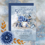 Convite Elegante Winter Floral Teacup 50th Birthday Par-Te<br><div class="desc">Flores azuis elegantes,  clássicas e sofisticadas de inverno,  com um belo pássaro azul sentado no design de chá "50º aniversário Par-Tea".</div>