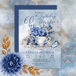 Convite Elegante Winter Floral Teacup 60th Birthday Par-Te<br><div class="desc">Flores azuis elegantes,  clássicas e sofisticadas de inverno,  com um belo pássaro azul sentado no design do apanhador de chá "60º aniversário Par-Tea".</div>