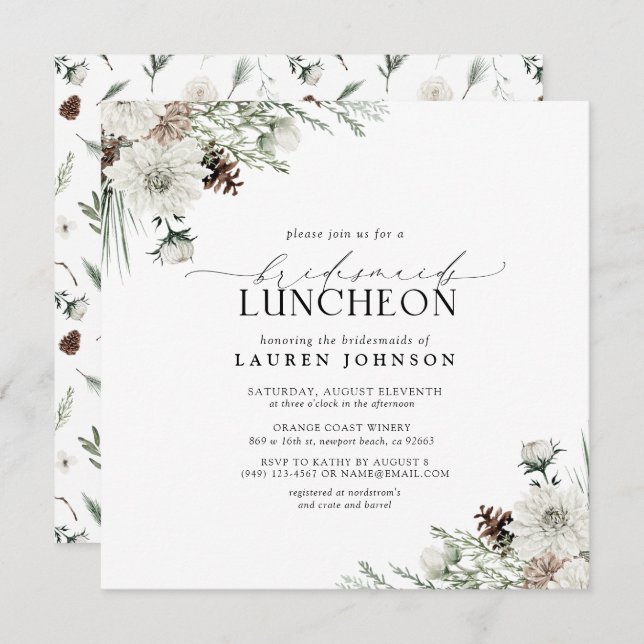 Convite Elegante Winter Floral Watercolor Bridal (Frente/Verso)