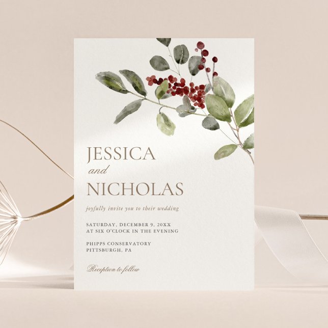 Convite Elegante Winter Holly Branch Wedding (Criador carregado)