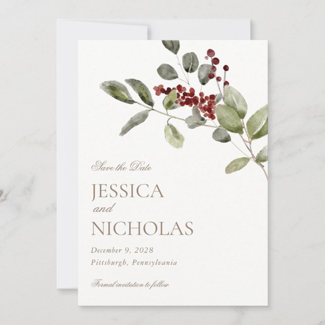 Convite Elegante Winter Holly Wedding Salvar Data (Frente)