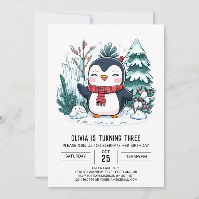 Convite Elegante Winter Penguin Digital Birthday (Frente)