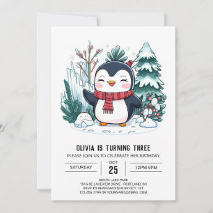 Convite Elegante Winter Penguin Digital Birthday