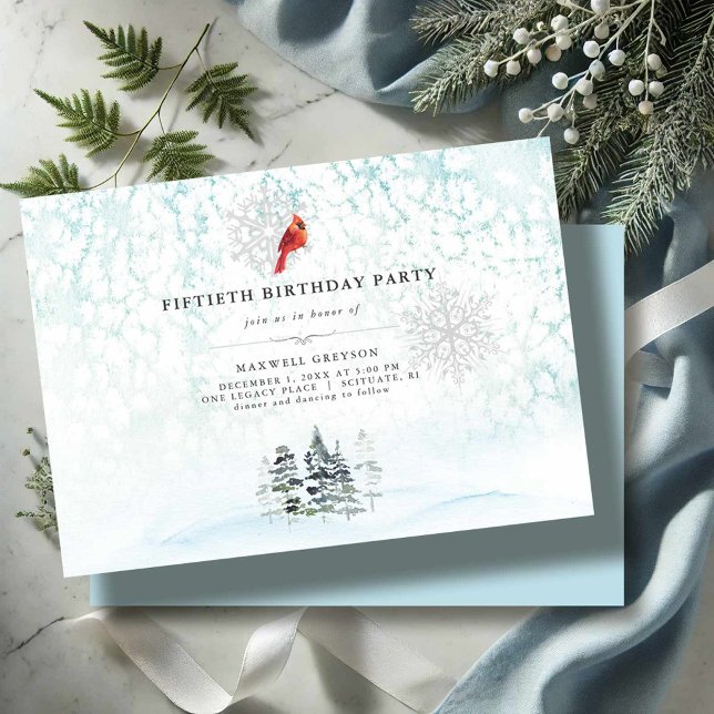Convite Elegante Winter Pines Watercolor Birthday Inves (50th Birthday invitations winter wonderland pine trees, cardinal and snow)