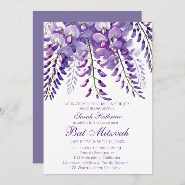 Convite Elegante Wisteria Floral Purple Bat Mitzvah (Frente/Verso)