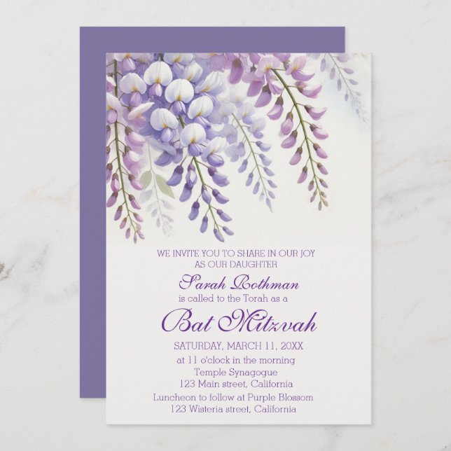 Convite Elegante Wisteria Floral Roxo Bat Mitzvah (Frente/Verso)