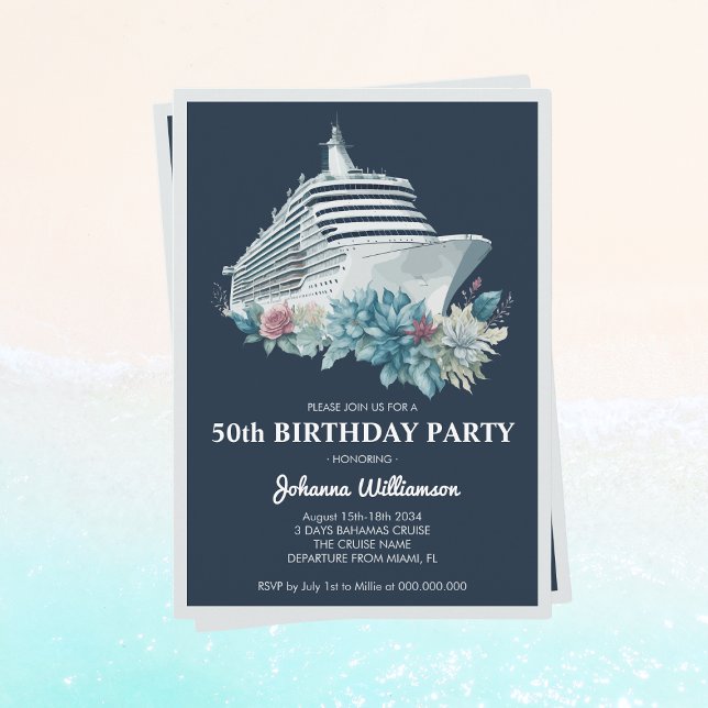 Convite Elegante Women 50th Festa de aniversário Cruise Sh (Elegant Women 50th Birthday Party Cruise Ship Trip Invitation
)