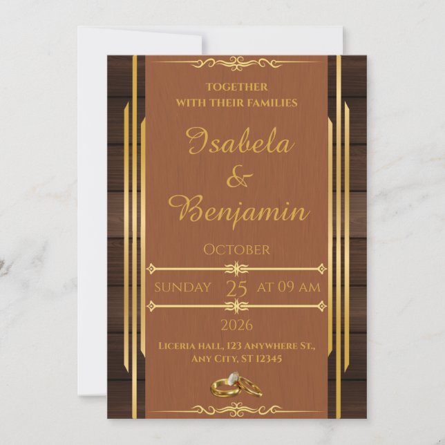 Convite Elegante Wood & Dourado Invitation - Rustic Ch (Frente)