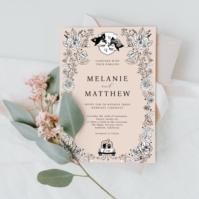 Convite Elegante Woodland Fox Floral Sketch Fairytale (Elegant Woodland Fox Floral Sketch Fairytale Invitation)