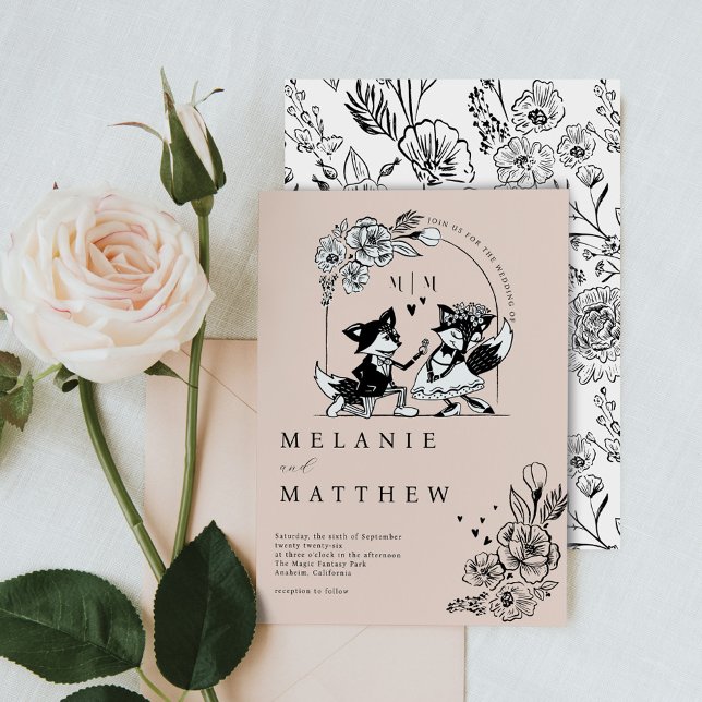 Convite Elegante Woodland Fox Floral Sketch Fairytale (Elegant Woodland Fox Floral Sketch Fairytale Invitation)