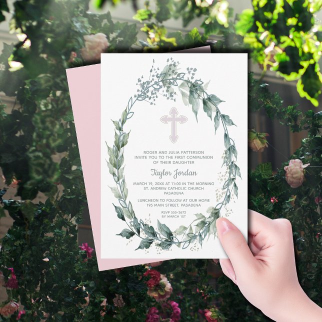 Convite Elegante Wreath Pink Cross First Communtion (Elegant Wreath Pink Cross First Communion Invitations)