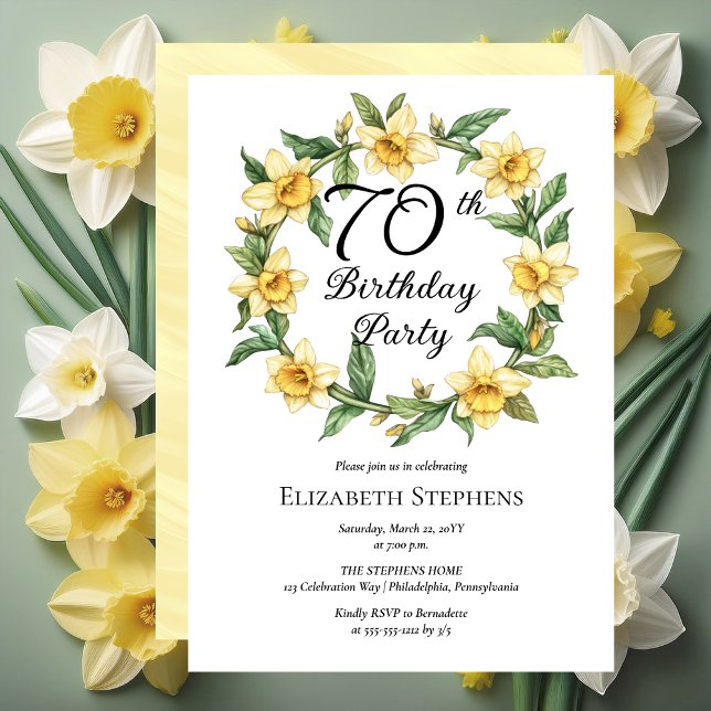 Convite Elegante Yellow Daffodils Floral 70 Birthday (Elegant Yellow Daffodils Floral 70th Birthday Party Invitation -- Print | Download)