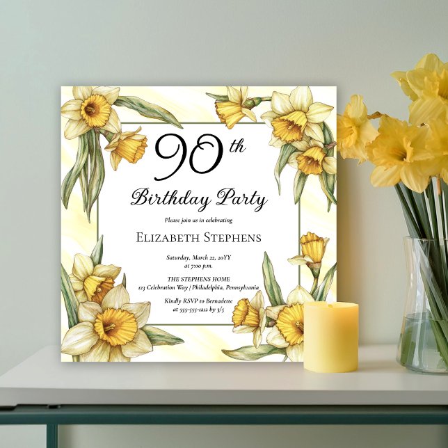 Convite Elegante Yellow Daffodils Floral 90 Birthday (Elegant Yellow Daffodils Floral 90th Birthday Party Invitation -- Print | Download)