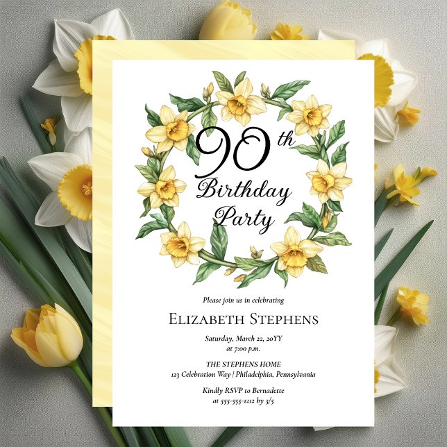 Convite Elegante Yellow Daffodils Floral 90 Birthday (Elegant Yellow Daffodils Floral 90th Birthday Party Invitation -- Print | Download)