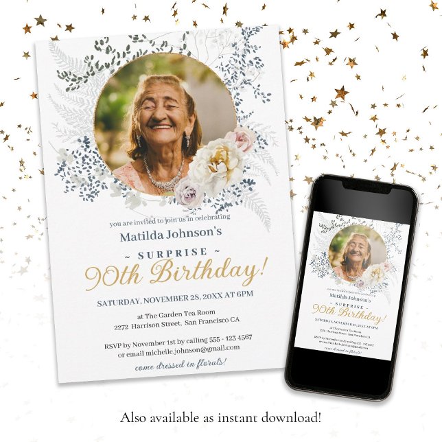 Convite Elegante Yellow Floral Photo Surprise 90 Birthday (Surprise 90th Birthday Elegant Yellow Floral Photo Invitation)