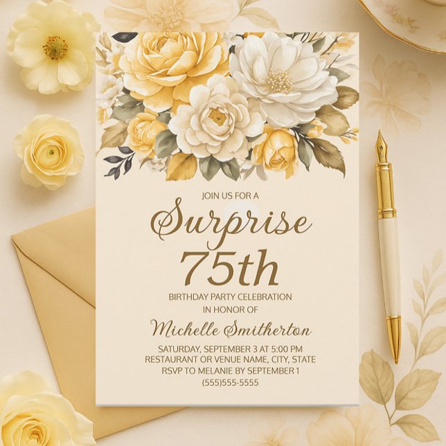 Convite Elegante Yellow Ivory Cream Floral Surpresa (Elegant yellow and cream-colored watercolor floral surprise 75th birthday party invitation)