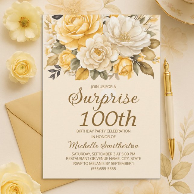Convite Elegante Yellow Ivory Cream Floral Surpresa 100th (Yellow and cream floral 100th birthday party invitation)