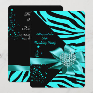 Convite Elegante Zebra Azul Prateado Coração Joia Aniversá
