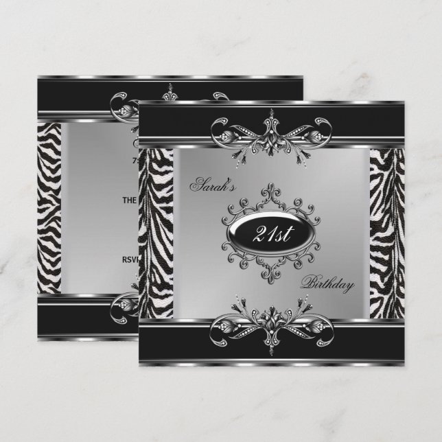 Convite Elegante Zebra Preto Branco Prata Aniversário de 2 (Frente/Verso)