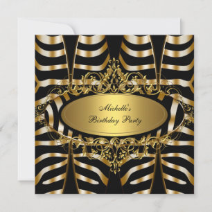 Convite Elegante Zebra Selvagem Dourado Preto Festa de Ani