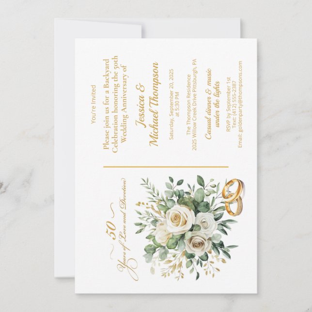 Convite Elegantes Anéis de Ouro com Rosas Brancas de Anive (Frente)