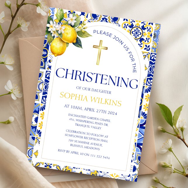 Convite Elegantes Azulejos Azuis com Limão Mediterrâneo Ba (Elegant Mediterranean Lemon Blue Tiles Christening Invitation)