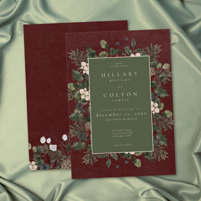 Convite Elegantes Bagas de Inverno & Casamento Borgonha de (Elegant Winter Berries & Pine Burgundy Wedding Invitation)