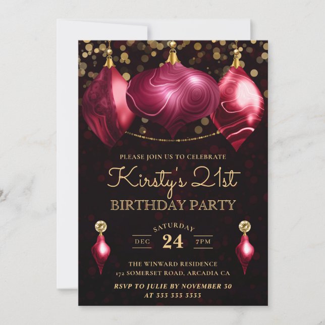 Convite Elegantes Bolas de Ágata Borgonha para Aniversário (Frente)