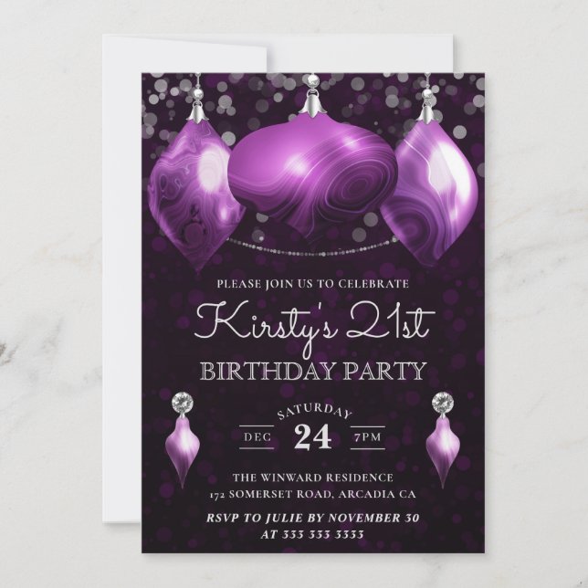 Convite Elegantes Bolas de Ágata Roxa para 21º Aniversário (Frente)