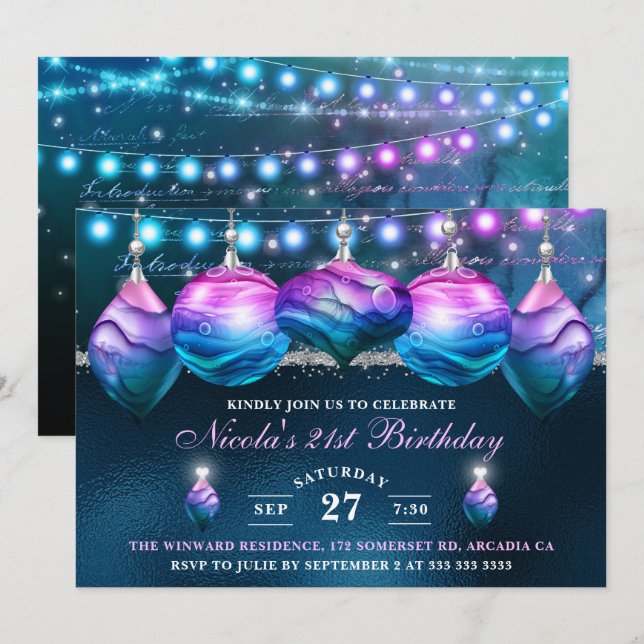 Convite Elegantes Bolas de Natal de Sereia Azul e Roxo par (Frente/Verso)