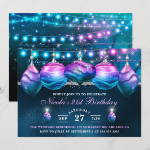 Convite Elegantes Bolas de Natal de Sereia Azul e Roxo par