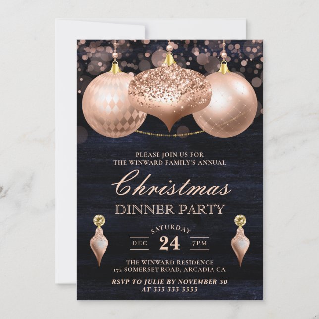 Convite Elegantes Bolas de Natal em Rosa Dourado para Jant (Frente)
