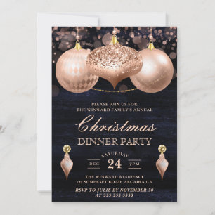 Convite Elegantes Bolas de Natal em Rosa Dourado para Jant